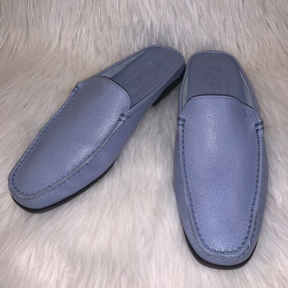 TODS Pebbled Leather Backless Slip On Drivers Mules Loafers, Blue - Picture 4 of 10